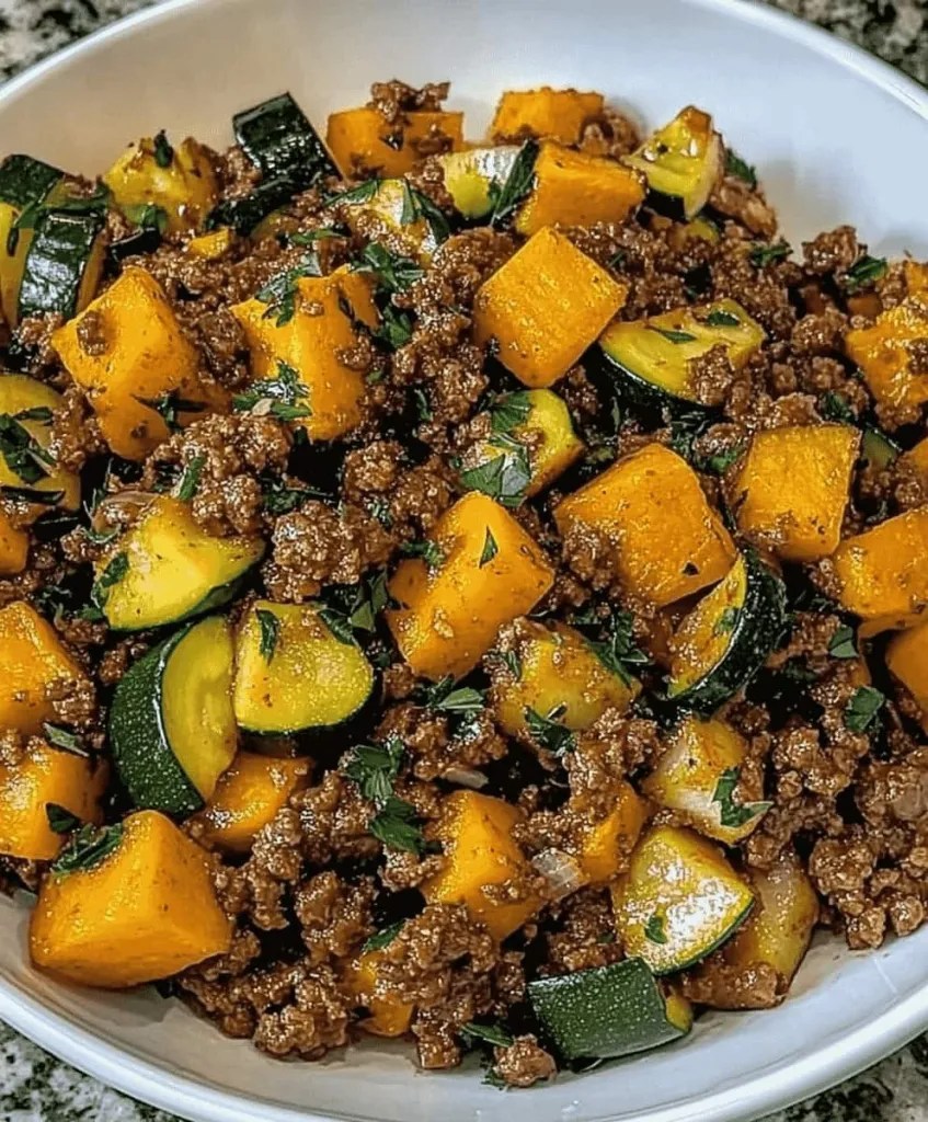 Ground Beef Skillet with Sweet Potatoes & Zucchini