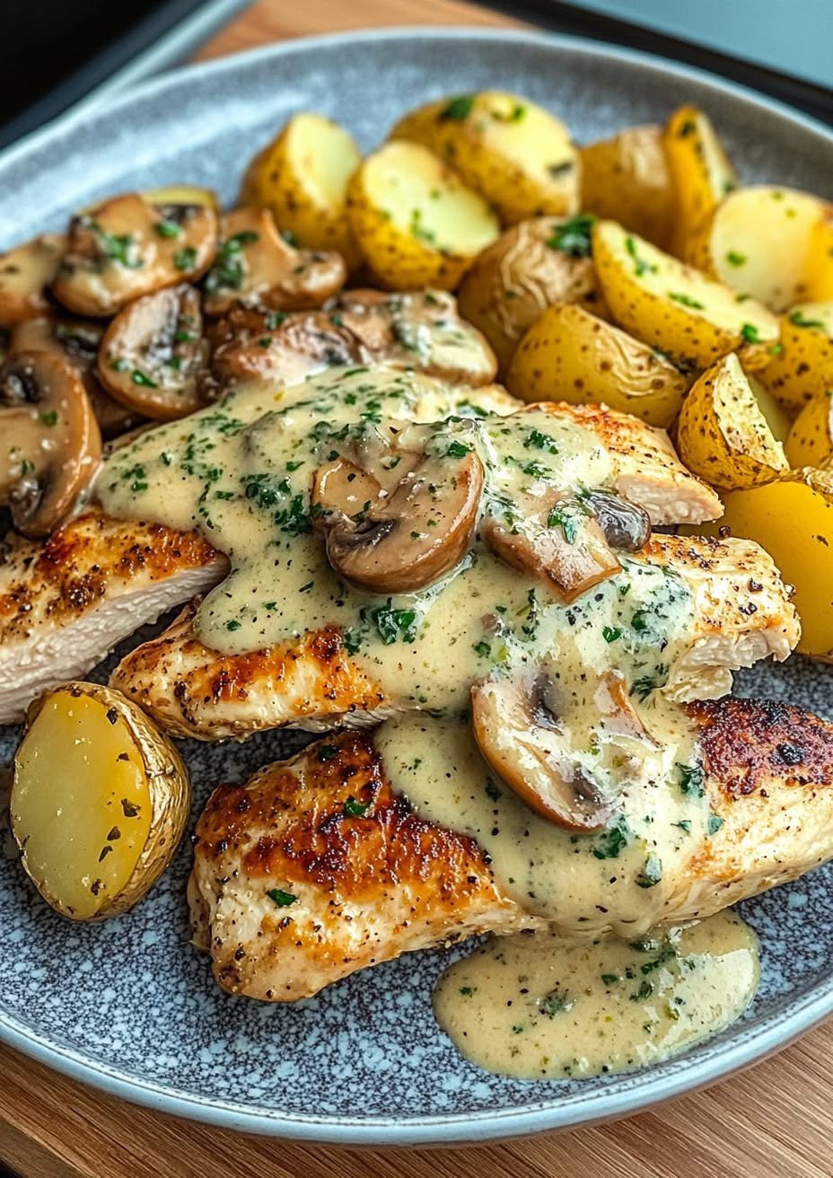 Light Creamy Garlic Mushroom Alfredo Chicken & Potatoes with Basil Pesto