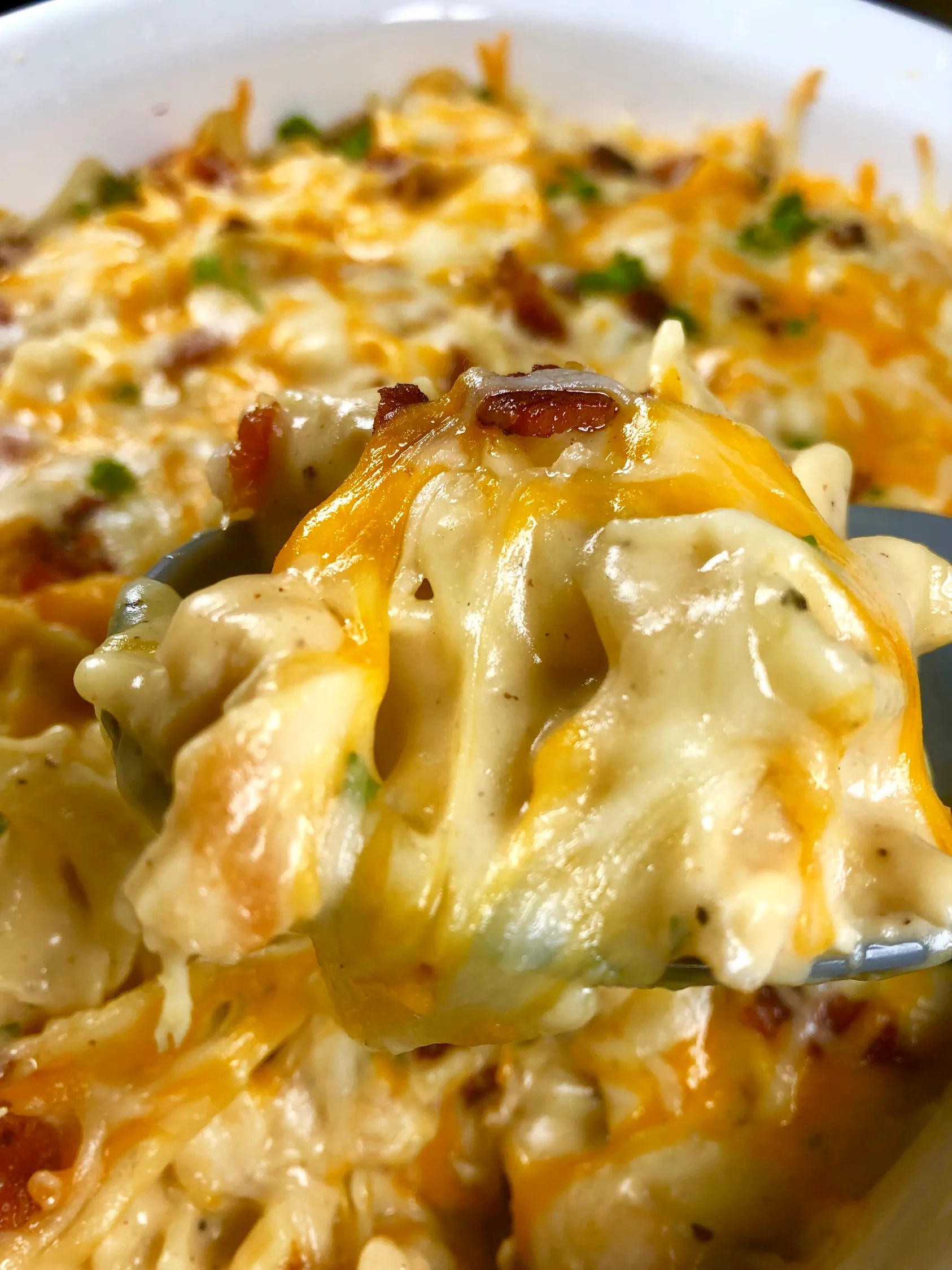 Lightened Cheesy Chicken Bacon Noodle Casserole