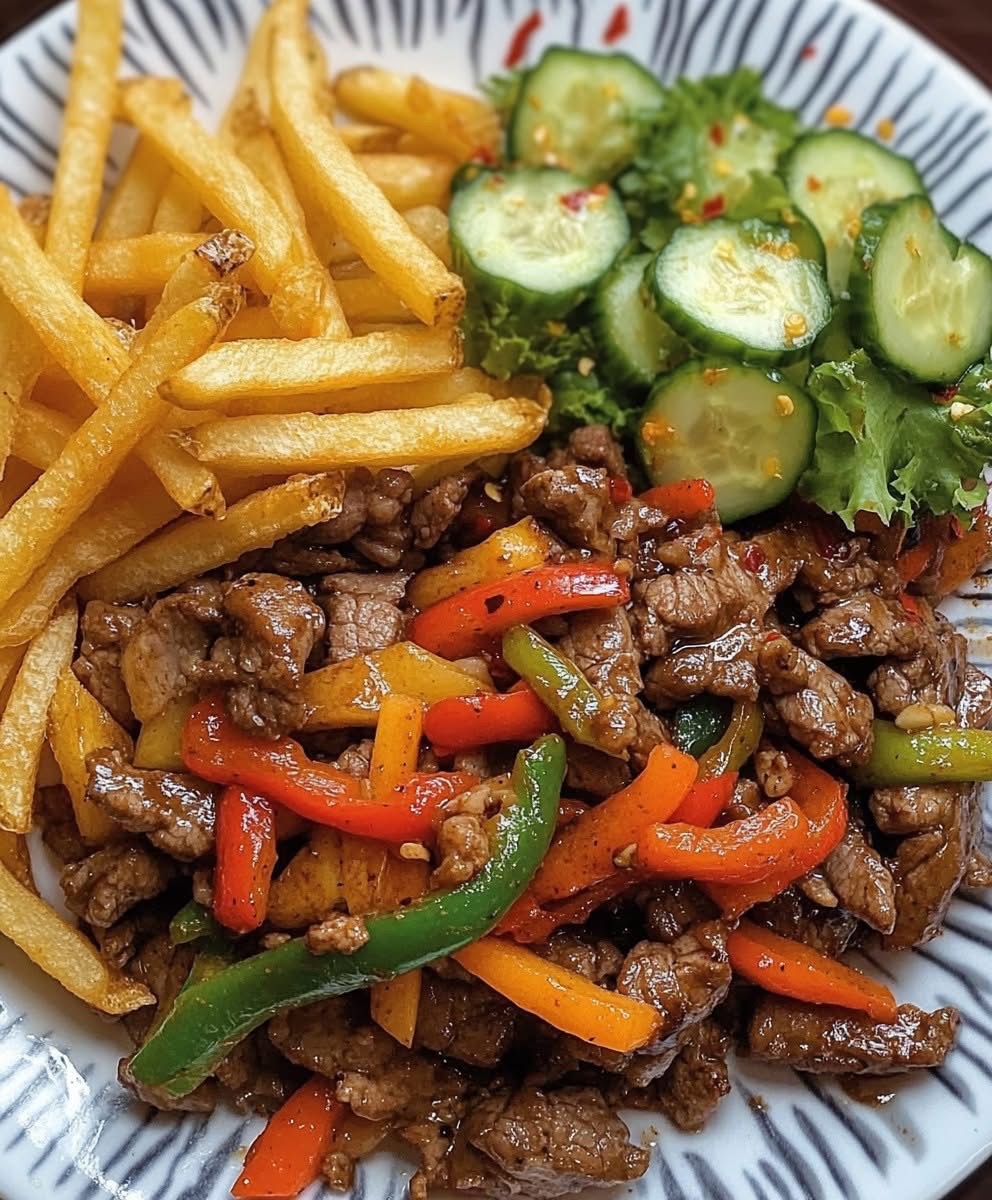 Stir-Fried Beef & Veggies with Fries and Fresh Salad