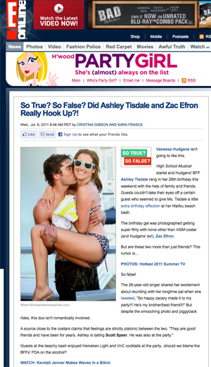 screen capture of E Online with photo of Zac Efron and Ashley Tisdale in swimsuits partying on beach