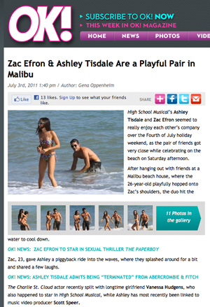 screen capture of OK with photo of Zac Efron and Ashley Tisdale in swimsuits partying on beach