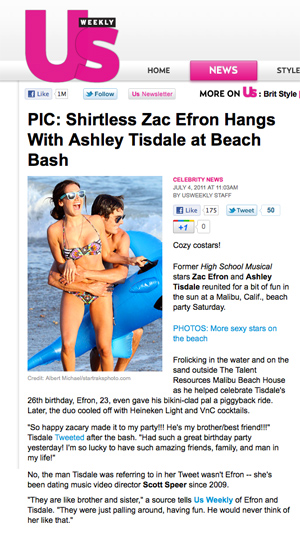 screen capture of US.com featuring Ashley Tisdale and Zac Efron