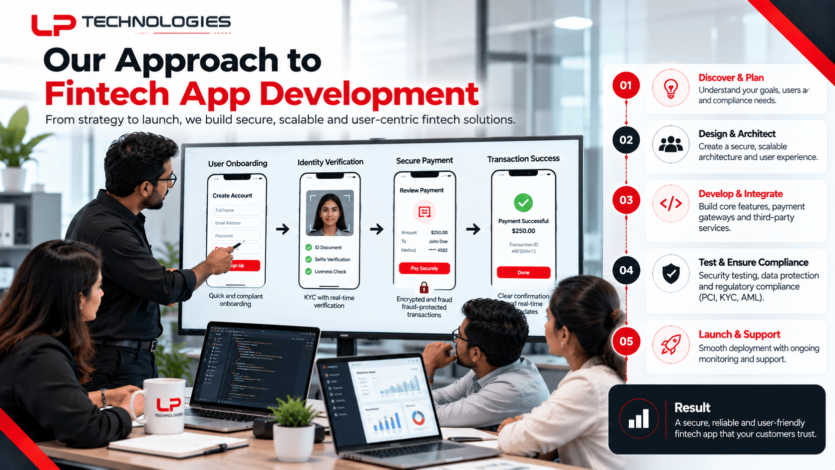 LP Technologies engineers reviewing a secure payment flow during fintech app development
