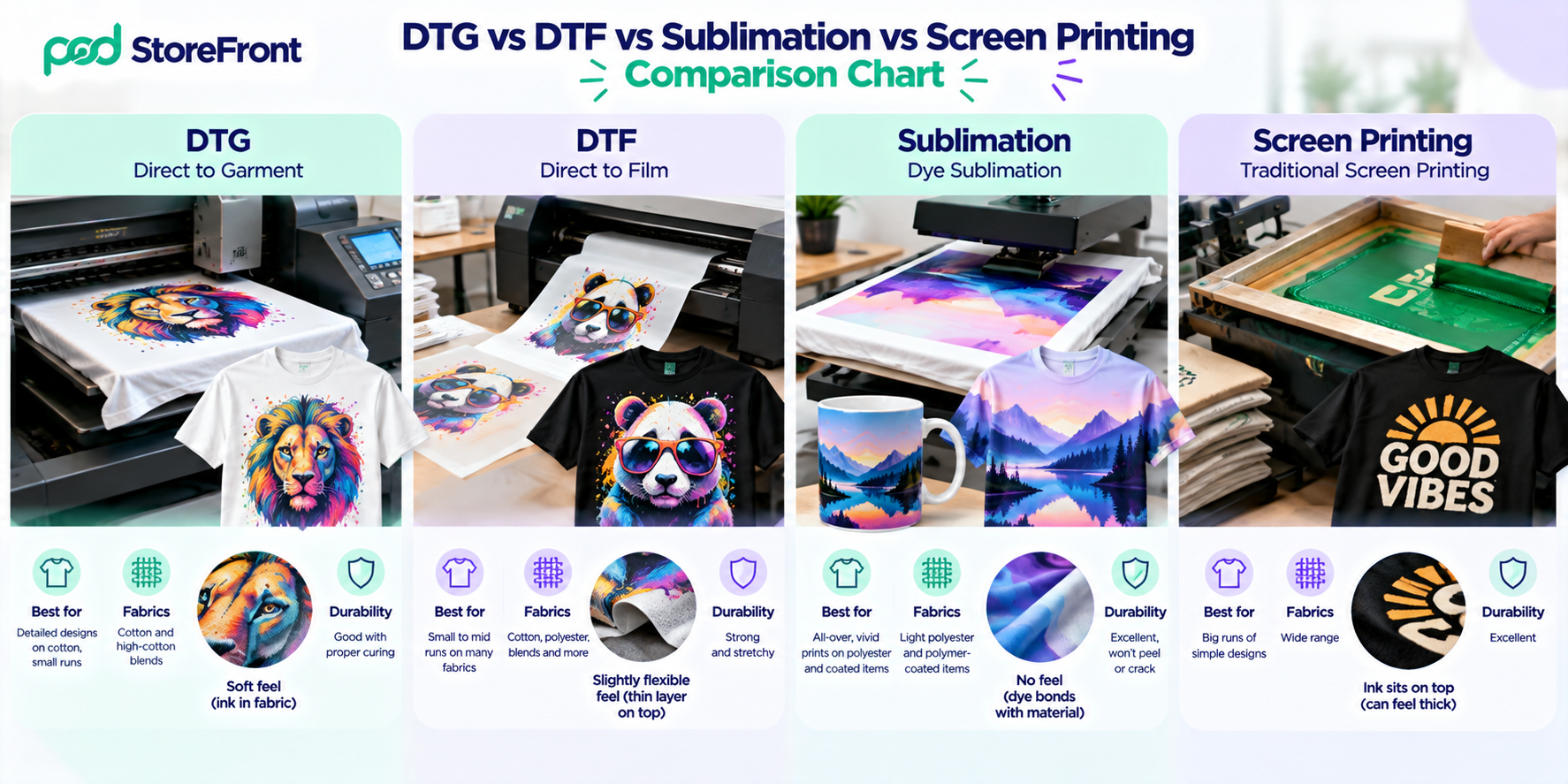 PODStoreFront Printing Methods Comparison DTG vs DTF vs sublimation vs screen printing comparison chart showing fabrics, feel and durability