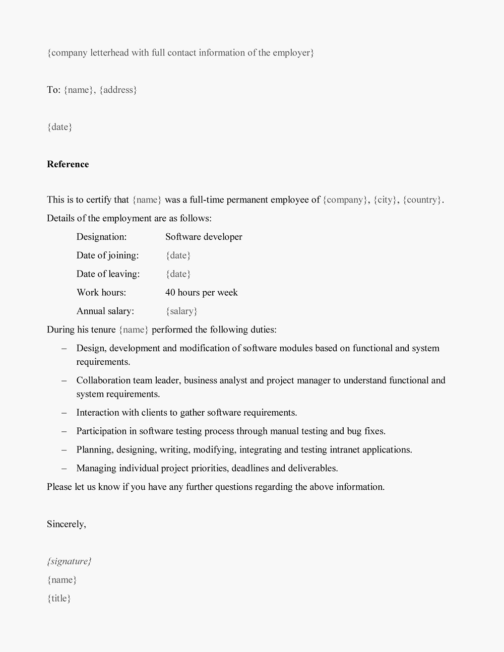 Sample Employment Reference For Software Developer Lp Group