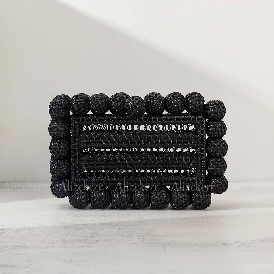 Alizekerr Beaded Hollow Out Rattan Bags Women Boutique Hand Woven Square Beach Wicker Clutch Purses And Handbags Summer Holiday
