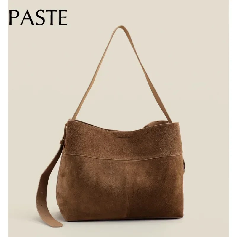 New Winter Matte Suede Cow Leather Women Tote Coffee Retro High-end Warm Color Female Shoulder Bag Huge Commute Travel Handbag