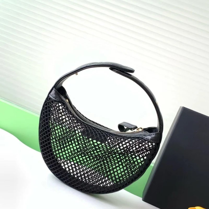 New hollowed-out mesh crescent-shaped bag, fashionable hula hoop handbag, and luxurious designer genuine leather hand-held bag