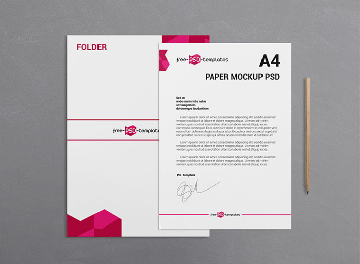 a4 mockup set has 2 angles composed with wooden background, binder clip, pencil, paper clip and a green leafy plant in a vase. A4 Paper Psd Mockup Template Ltheme