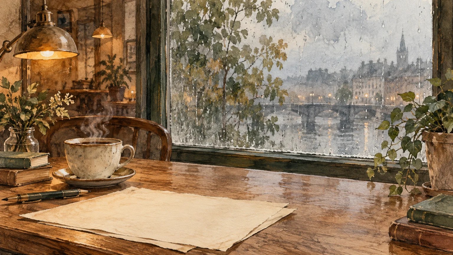 A wooden writing desk with paper and a cup beside a rain-streaked café window.