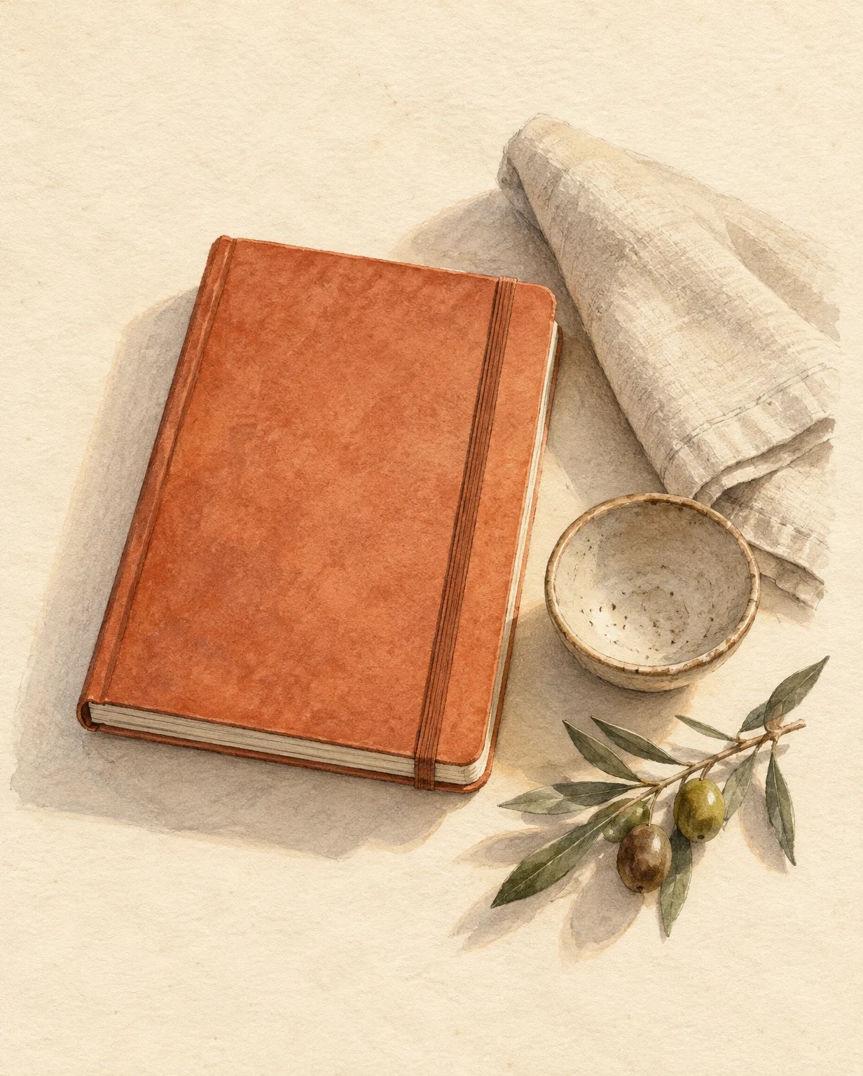 A terracotta notebook beside a linen napkin, ceramic bowl and olive twig.