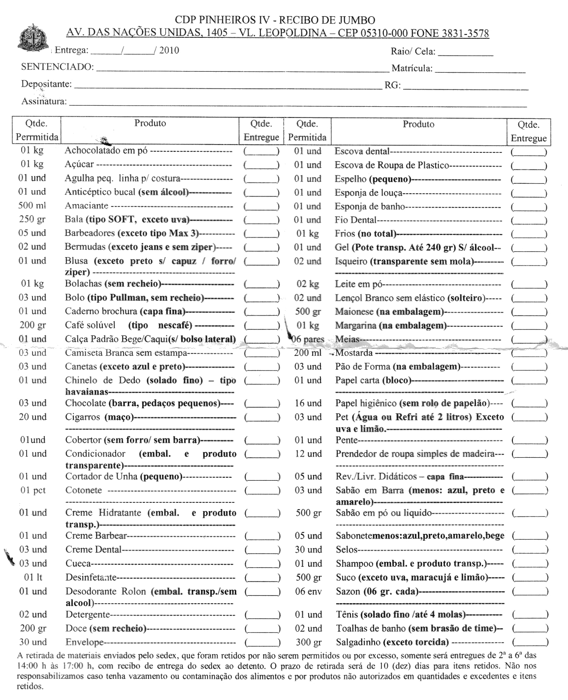 Lista do Jumbo do CDP IV Pinheiros | Blog Luciano César Pereira