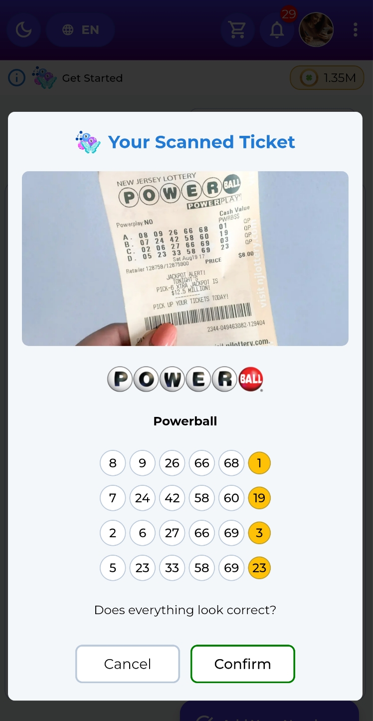 Lucky Picks scanning printed numbers from a Powerball ticket