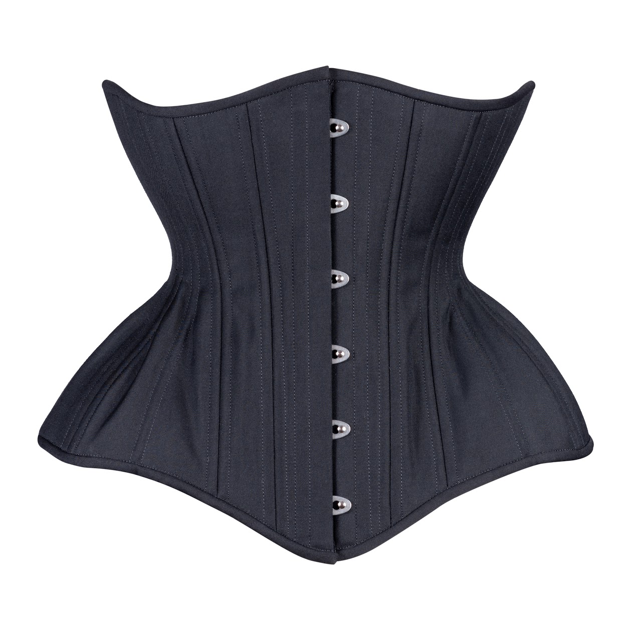 Timeless Trends black cashmere Gemini corset in the conical rib silhouette, available on Lucy's Corsetry, $109 USD