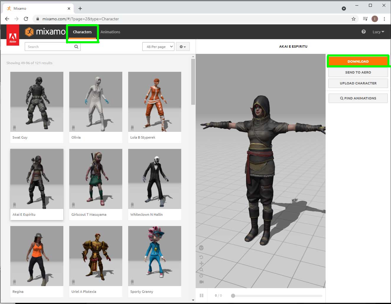 Downloading mixamo characters and animations