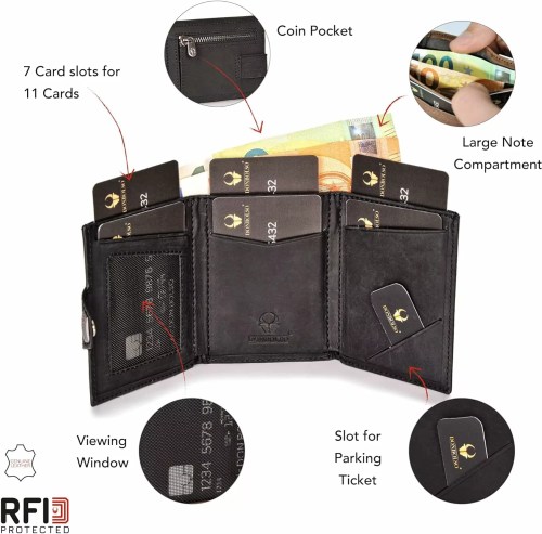 DONBOLSO Wallet NextGen DONBOLSO Wallet NextGen I Modern Slim Wallet with Coin Pocket I Trifold Purse with RFID Protection I up to 11 Cards I Genuine Leather Credit Card Holder for Men and Women I Black Vintage