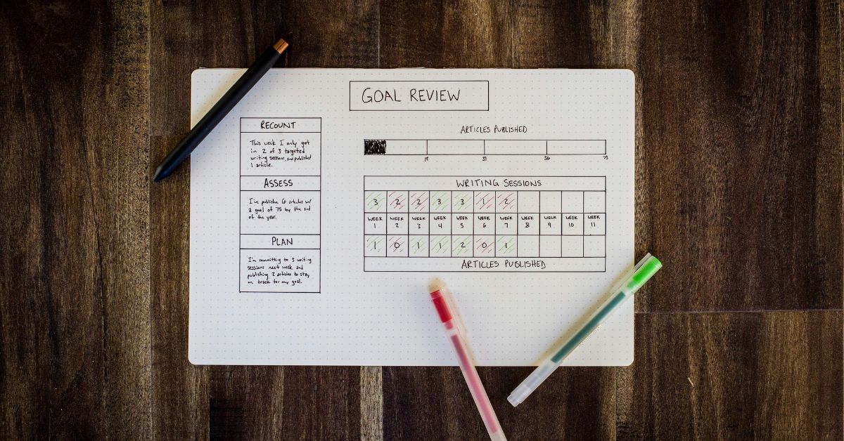 Goal review template on wooden table