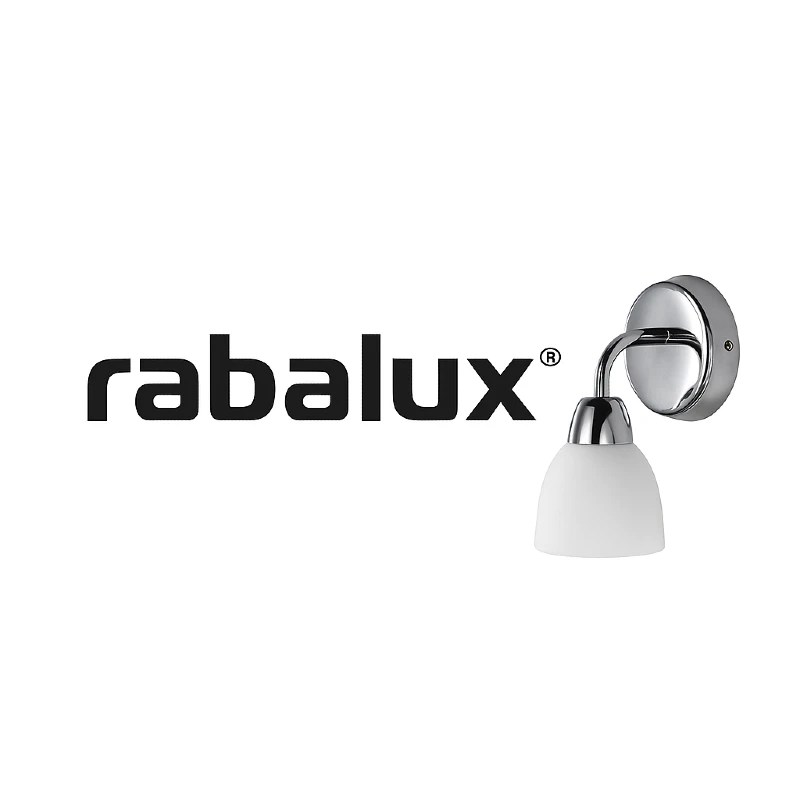 Sigla Rabalux alături de o aplică de perete modernă, imagine reprezentativă pentru categoria brandurilor de iluminat pe LuminiDeco.