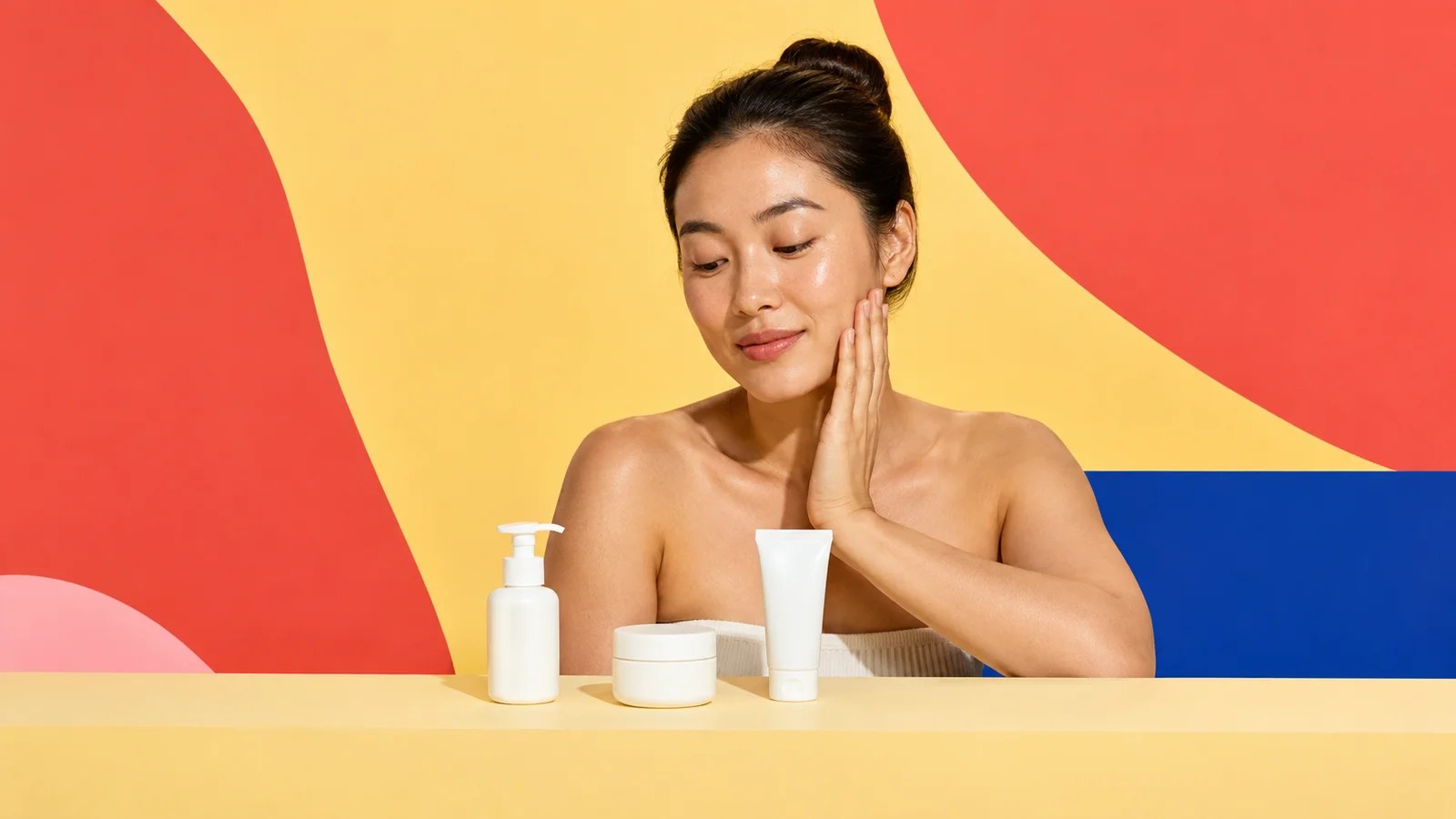 Woman beside three essential skincare products on a colorful geometric set