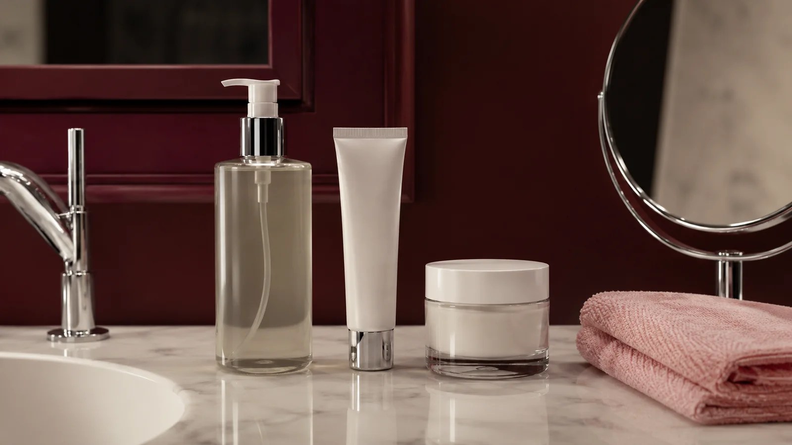 Gentle cleanser, treatment tube, and moisturizer arranged for a beginner evening routine
