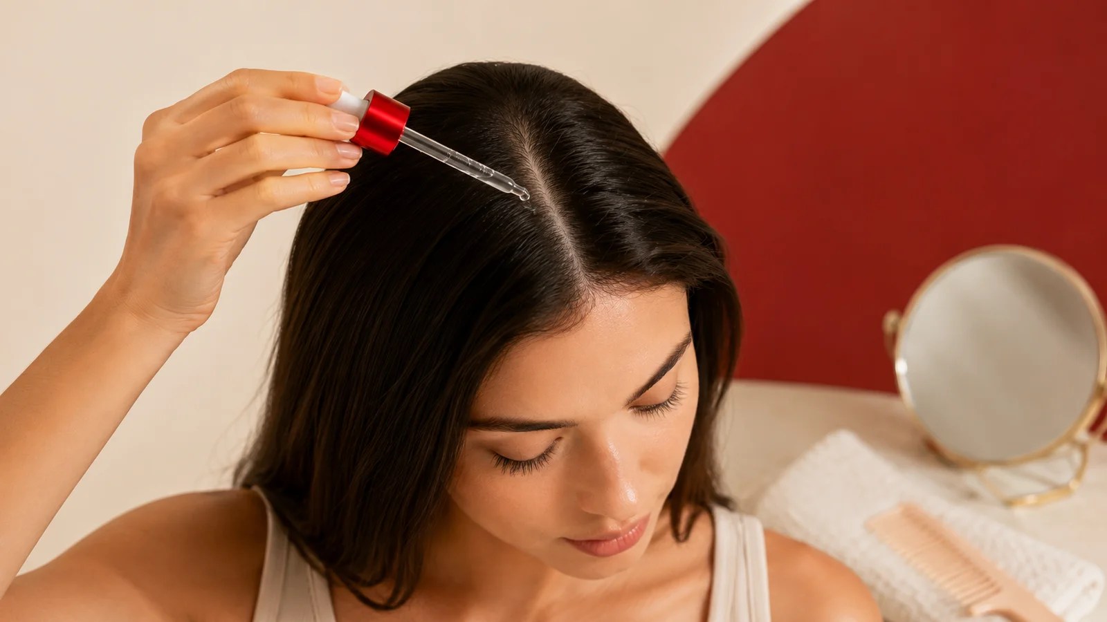 Woman applying Dr. FORHAIR scalp serum with a red dropper along a clean center part in a warm neutral beauty setting