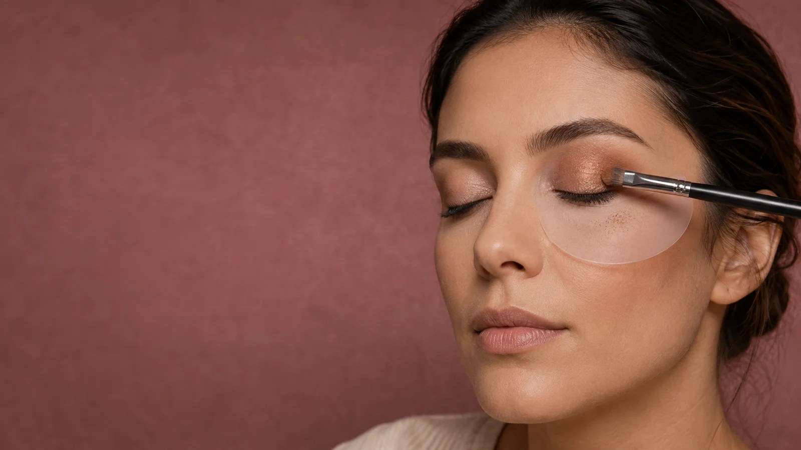 Makeup artist pressing shimmer eyeshadow onto a lid while a shield protects the finished base