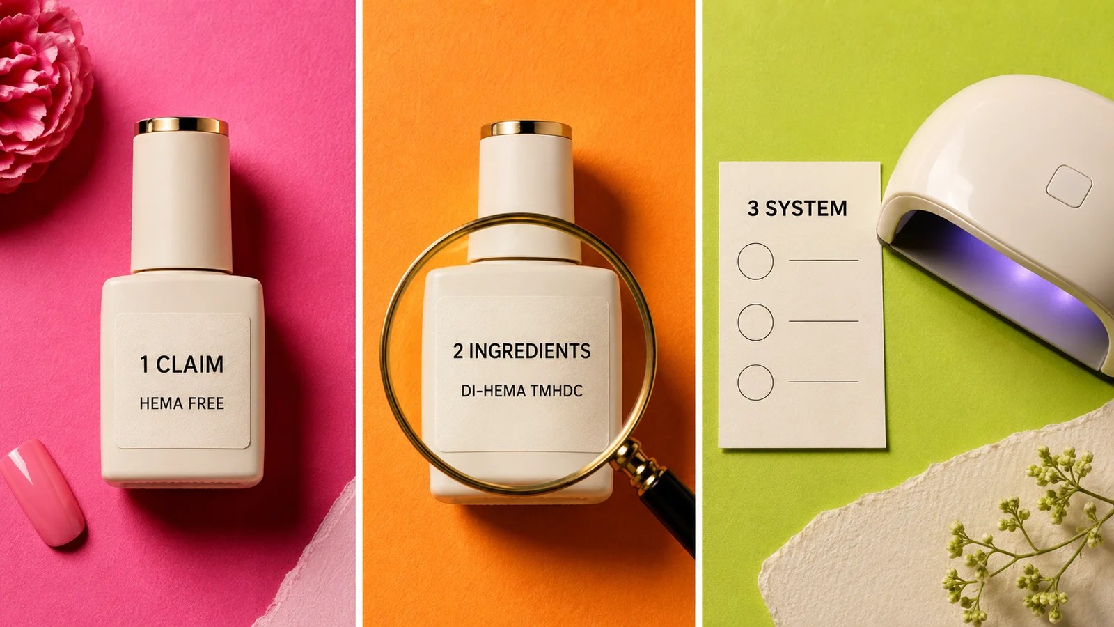 Three-step check of a HEMA-free claim, ingredient list and gel system.