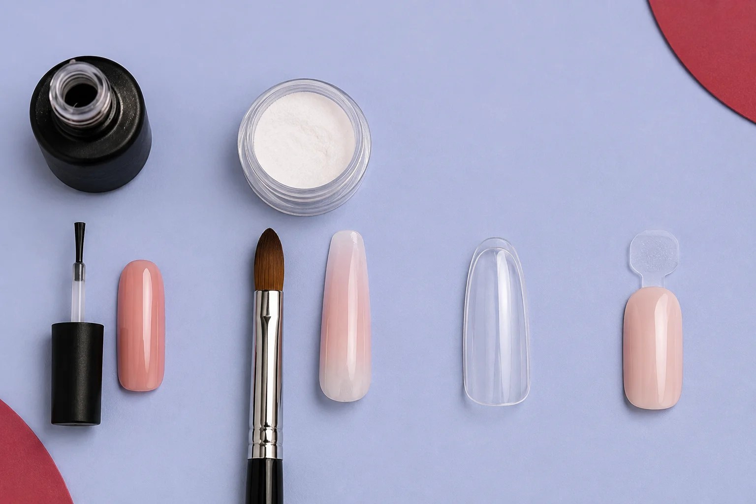 Gel polish, acrylic, soft-gel tip, and press-on manicure materials