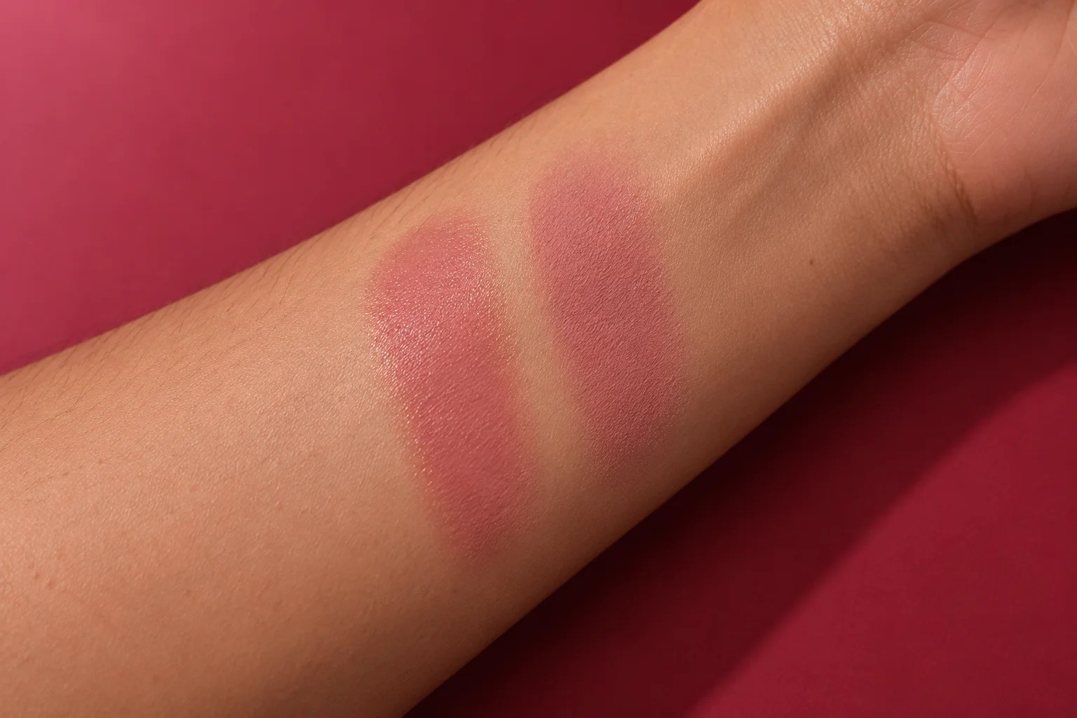 Cream and powder blush swatches showing satin and softly matte finishes on medium skin
