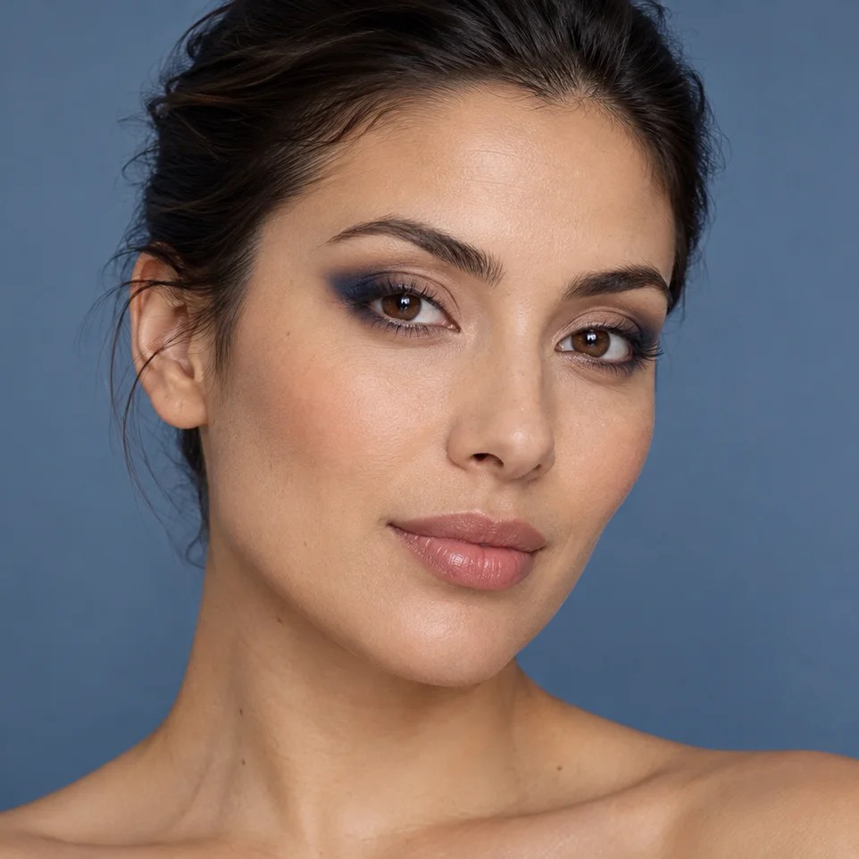 Navy blue eyeshadow softly blended at the outer corners of the eyes