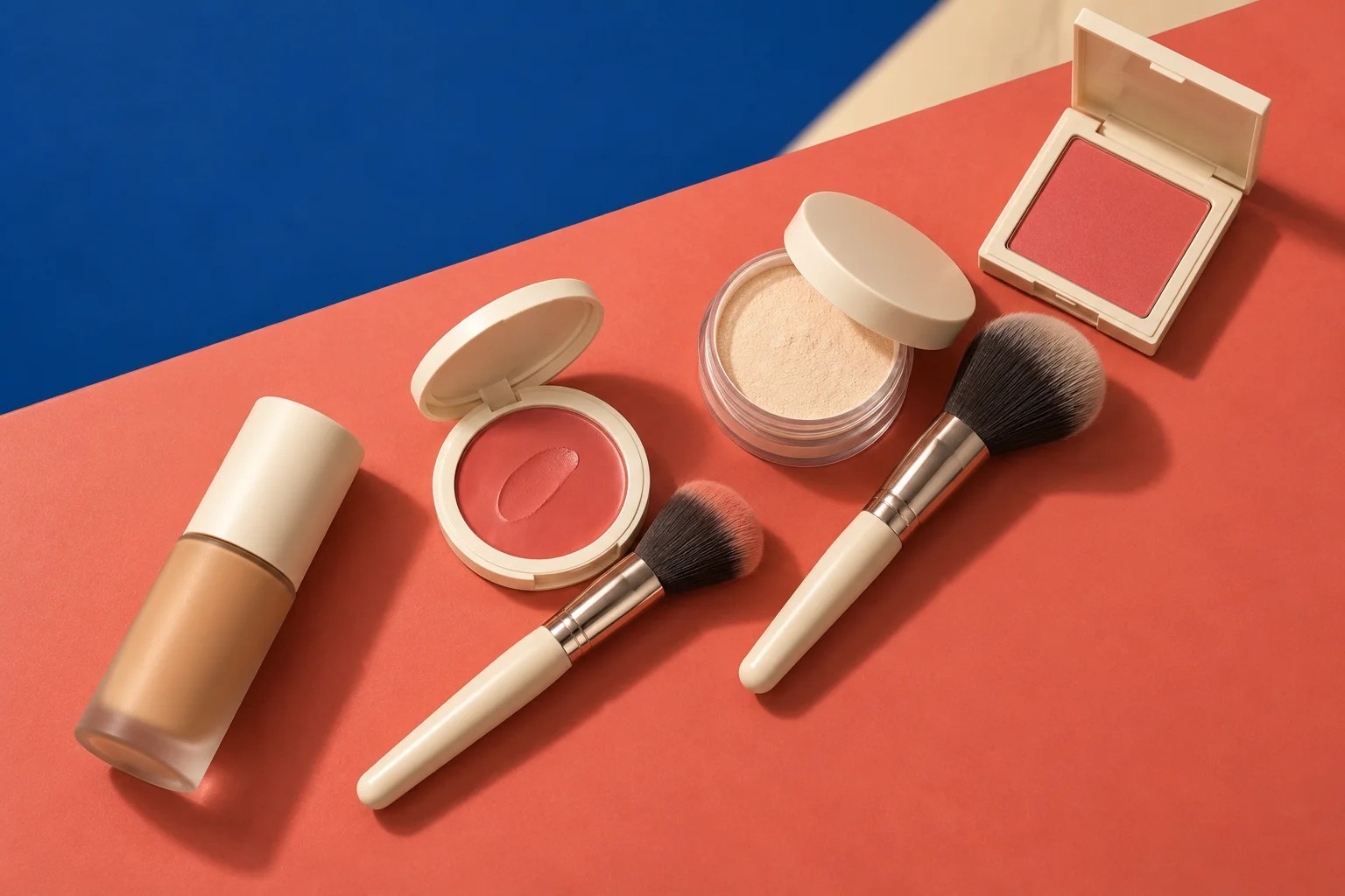 Foundation, cream blush, translucent powder, and powder blush arranged in application order