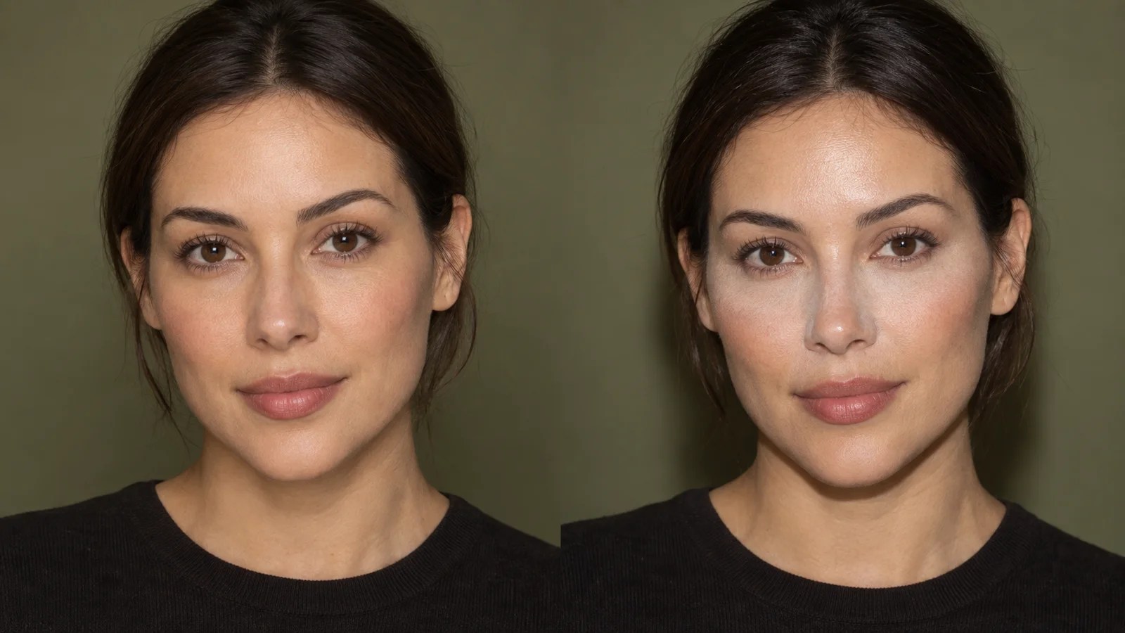Same makeup photographed in soft light and direct flash, revealing pale powder beneath the eyes