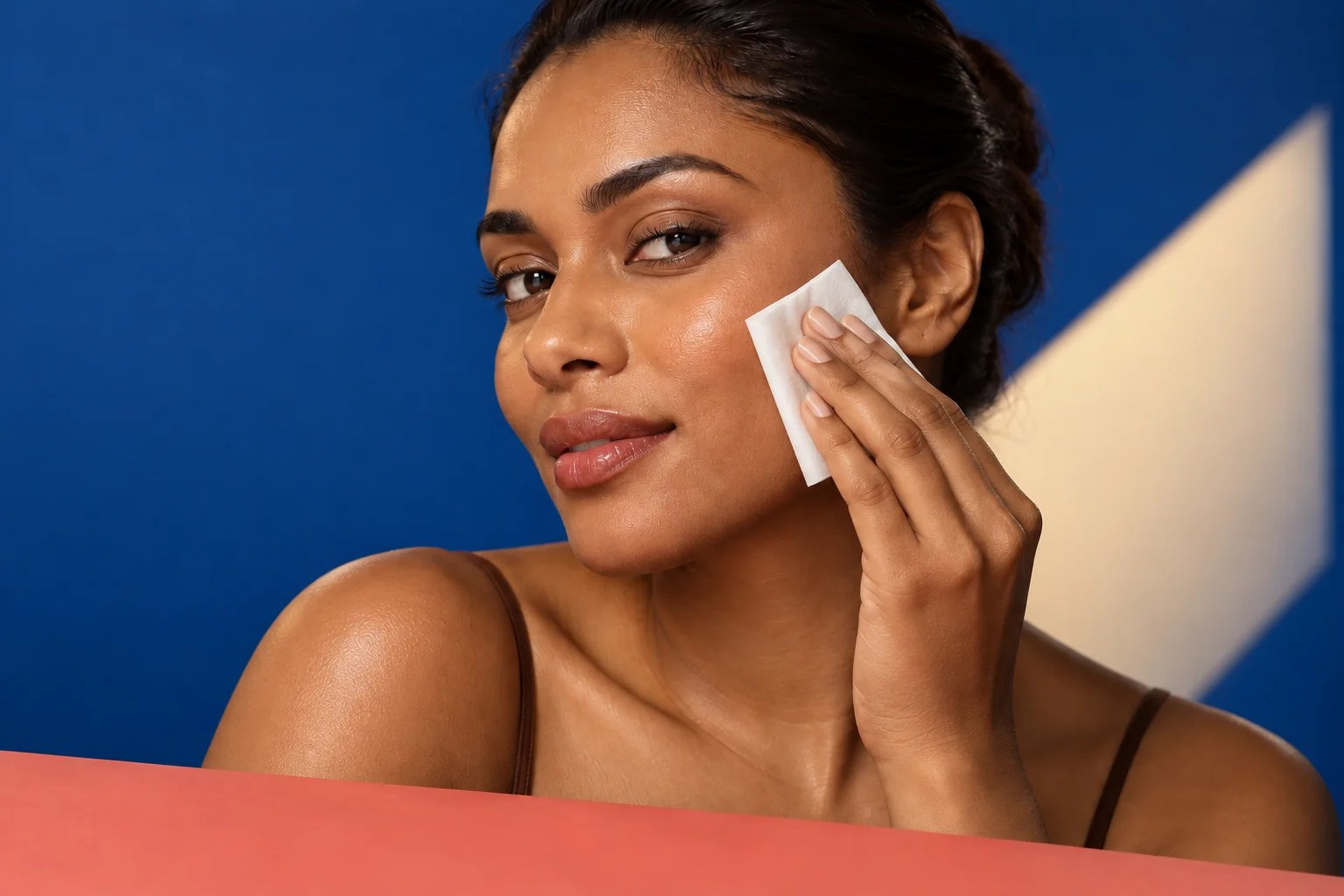 Model gently pressing a clean tissue onto a shiny area of her cheek before makeup