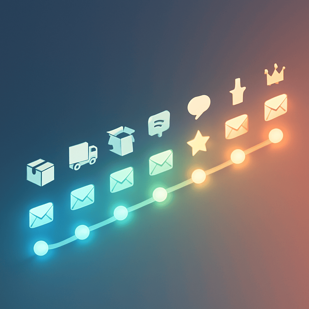 Isometric illustration of an eight-step customer journey timeline with abstract icons