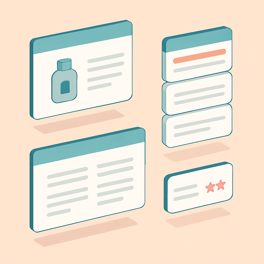 Isometric illustration of a product page broken into modular content blocks for conversational retrieval