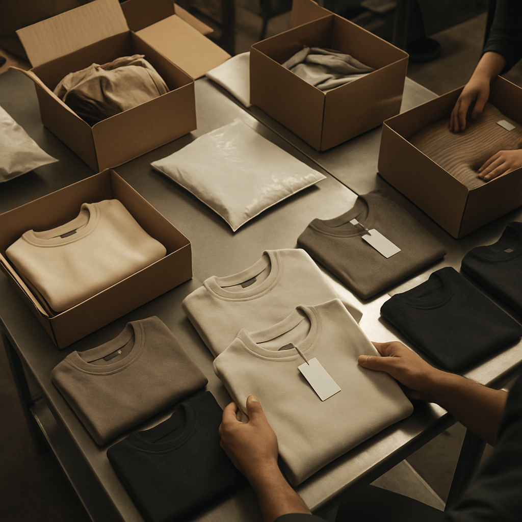 Warehouse workers sorting and inspecting returned apparel garments on stainless steel processing tables