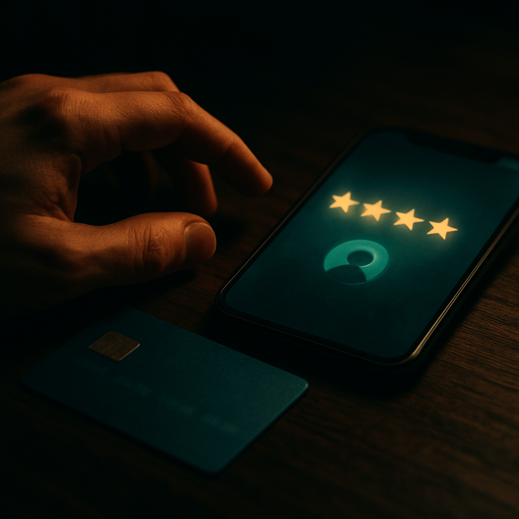Hand hovering over credit card near phone showing stars and customer avatar