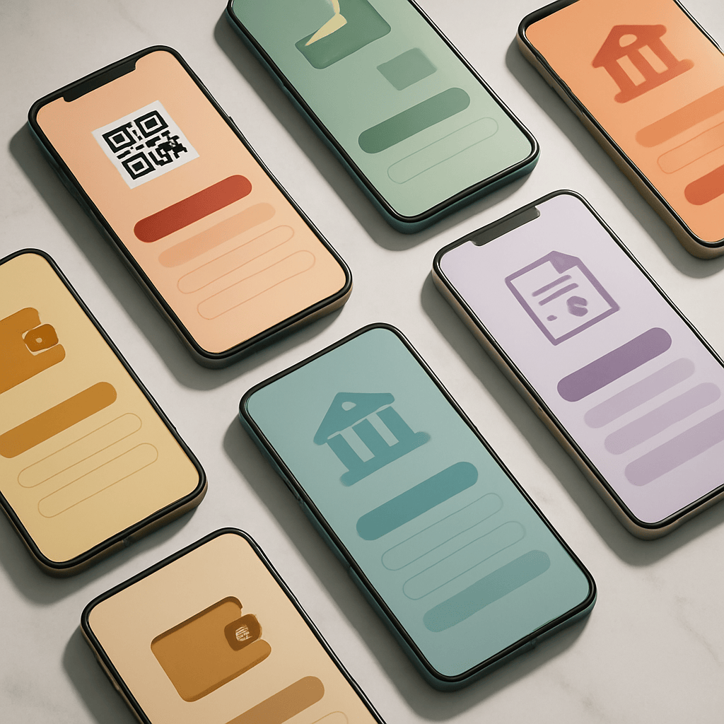 Smartphones displaying various local payment method interfaces arranged on a marble surface