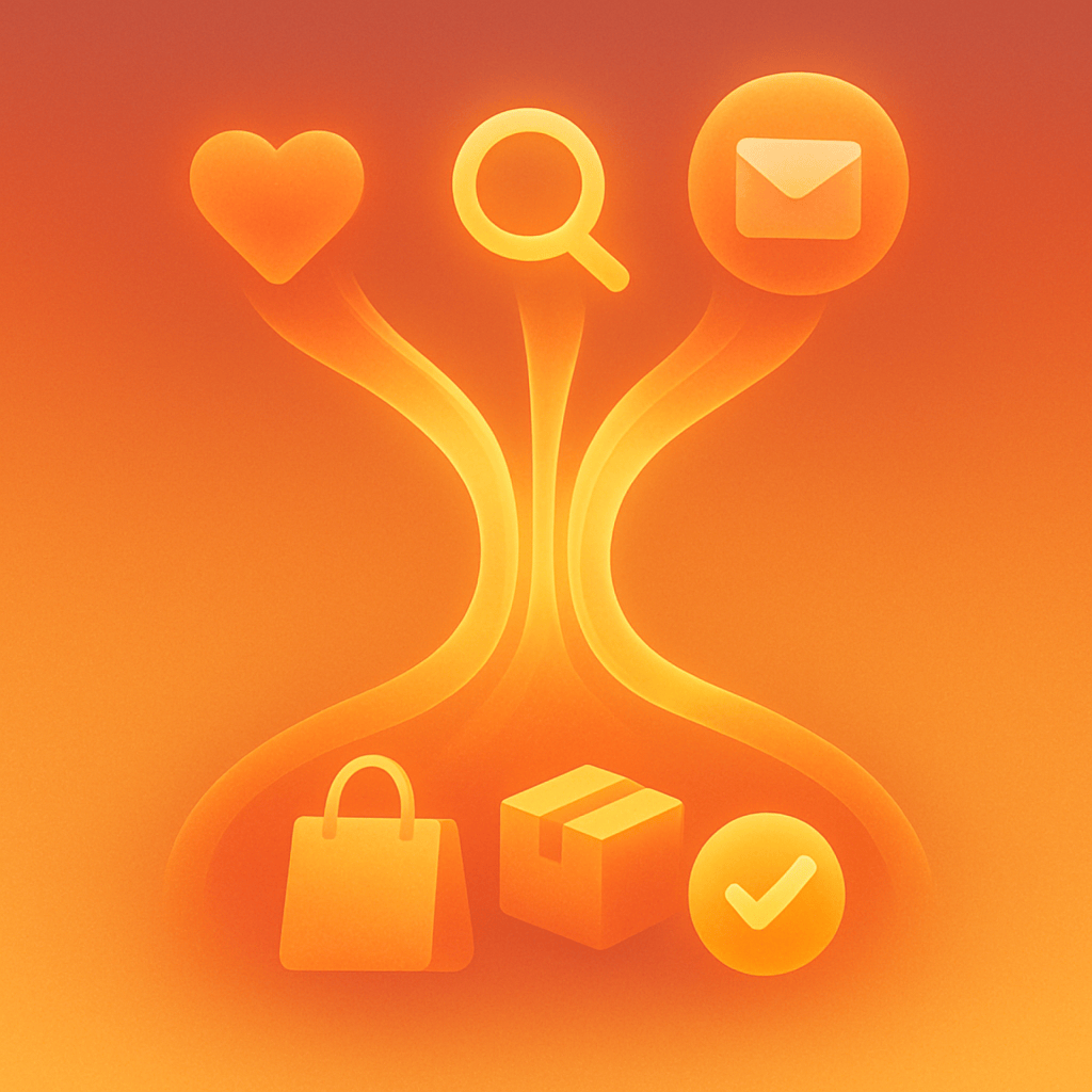 Illustrated funnel showing marketing channels flowing into an e-commerce checkout and fulfillment delta