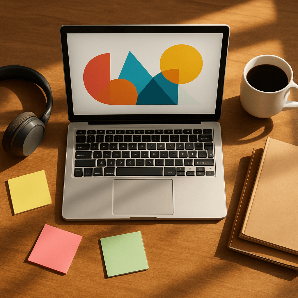 Overhead flat-lay of student desk with laptop headphones notebooks and coffee