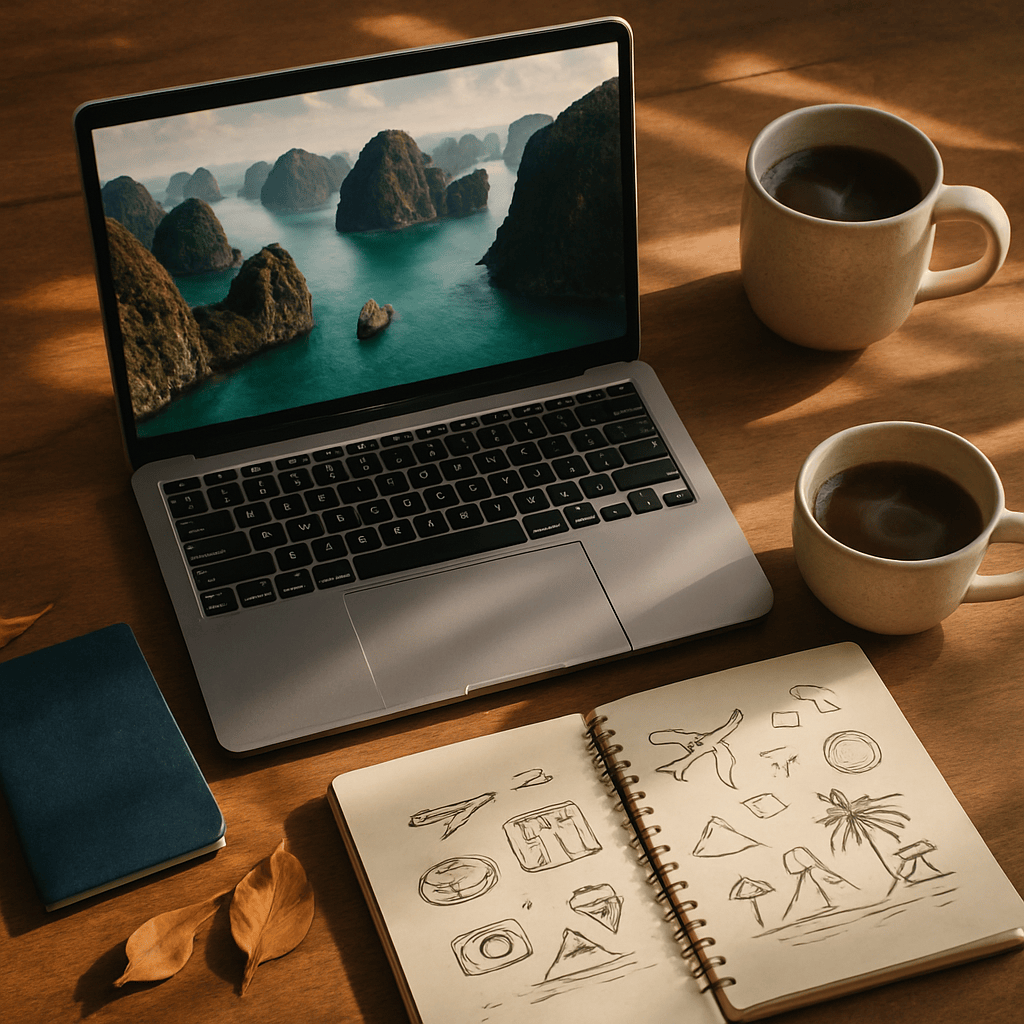 Overhead view of a travel planning desk with laptop passport and coffee