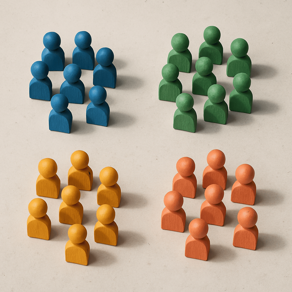 Overhead flat-lay of four colored wooden figurine clusters representing customer segments