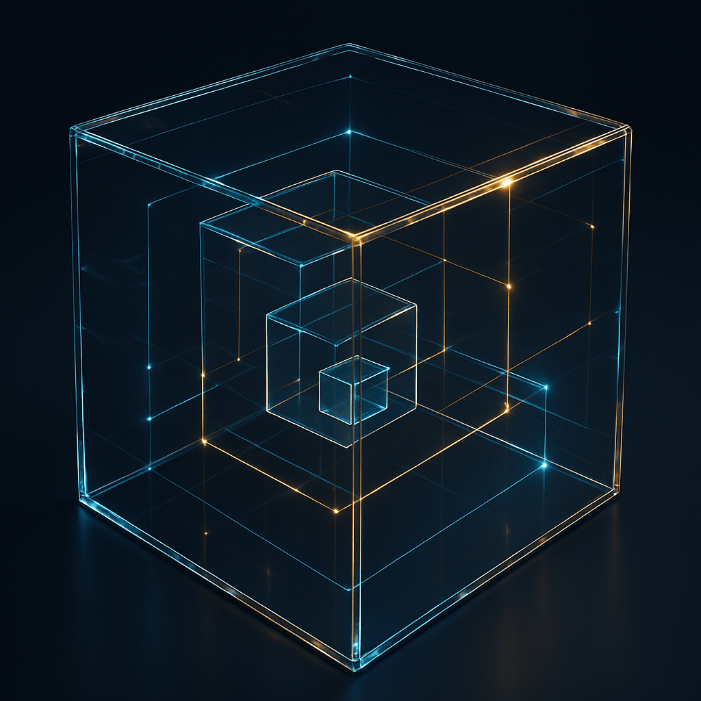 Nested glass cubes visualizing structured data schema hierarchy for product pages