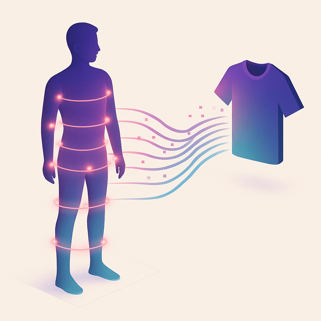 Isometric illustration showing body measurement points connecting via data streams to a garment icon