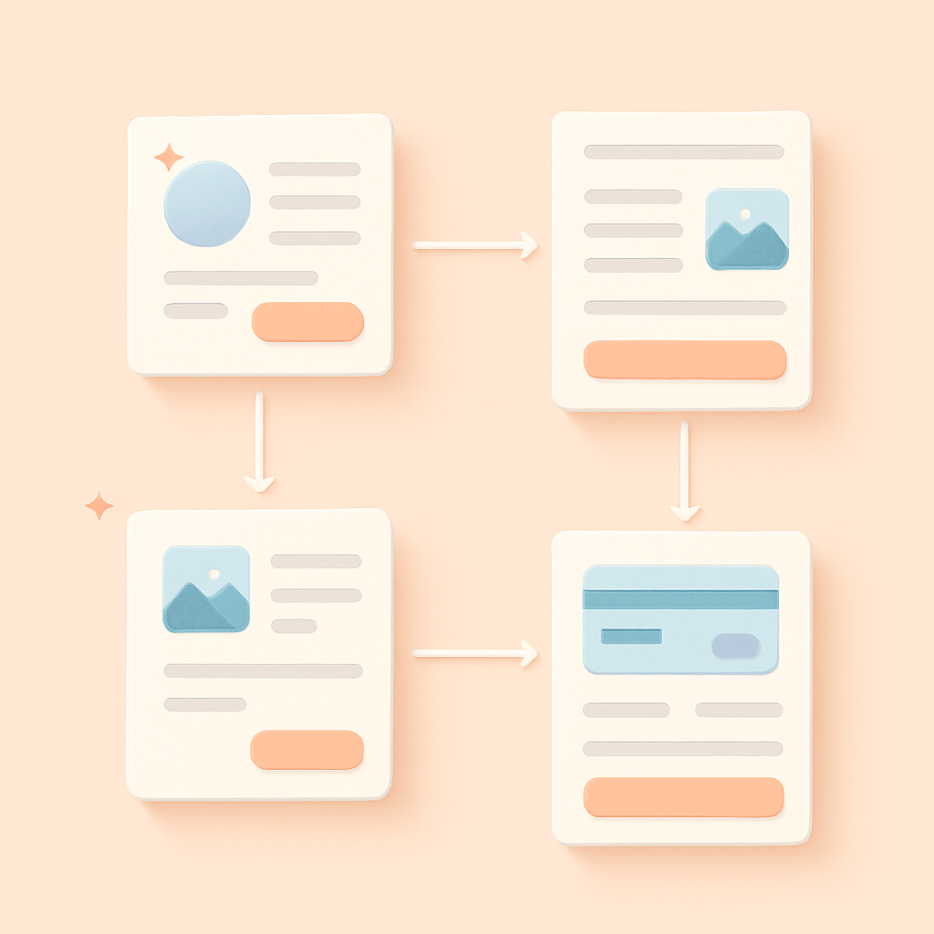 Isometric illustration of checkout steps with star and photo icons at key placement zones