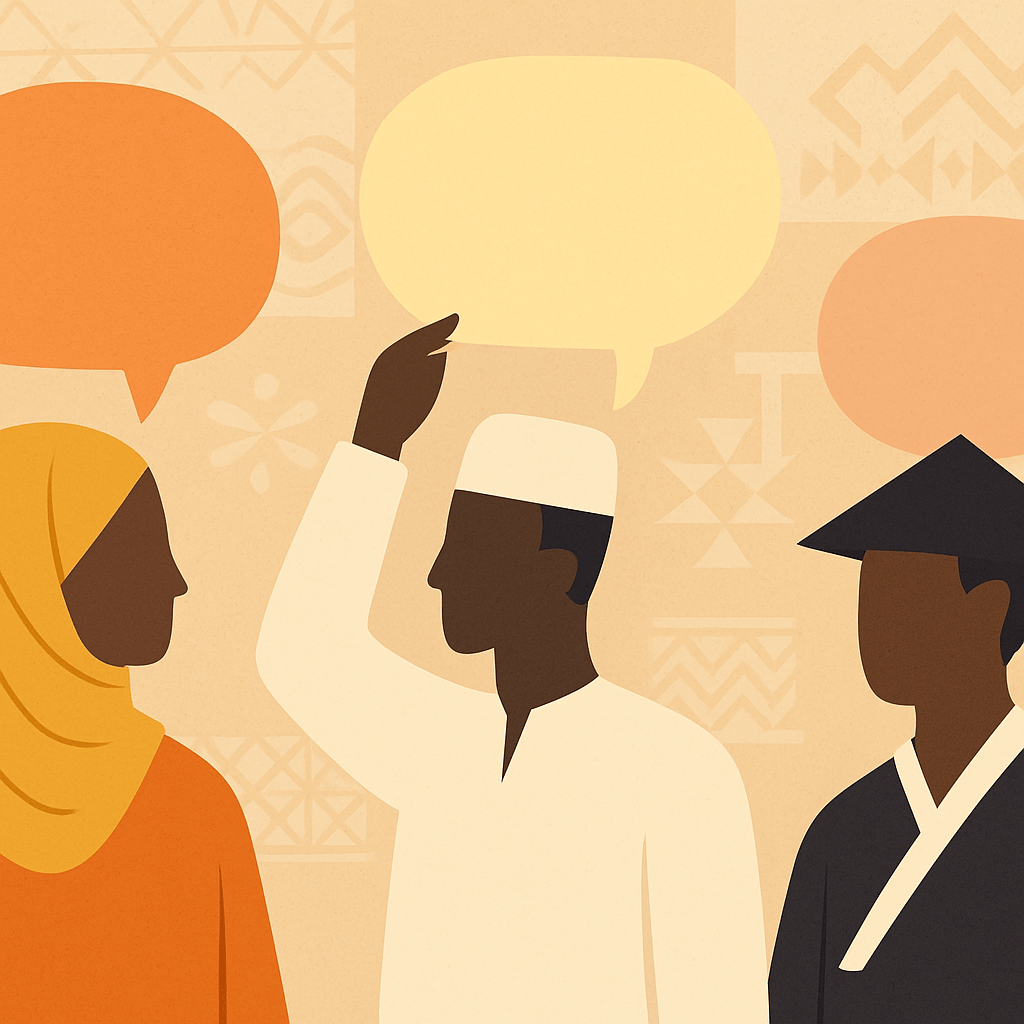Three silhouetted figures in different cultural attire holding colorful speech bubbles representing transcreation