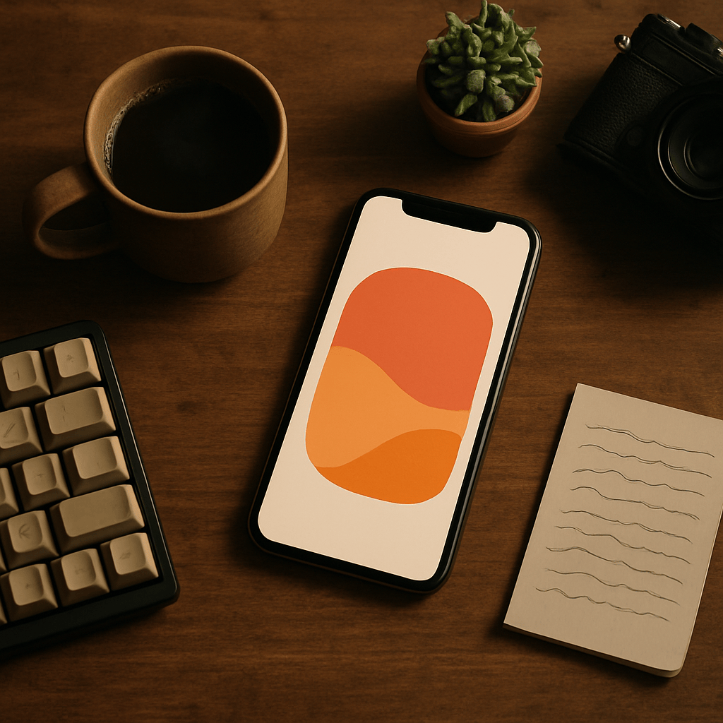 Overhead flat-lay of desk with smartphone showing native-style feed content and enthusiast props
