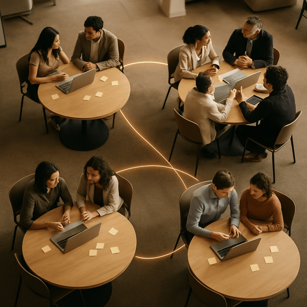 Four small team pods collaborating around round tables connected by glowing customer journey lines