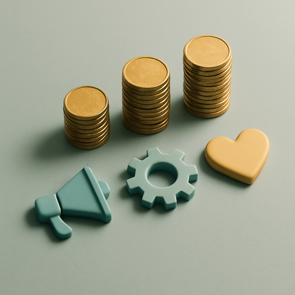 Three growing stacks of coins beside sculpted icons representing acquisition, operations, and retention priorities